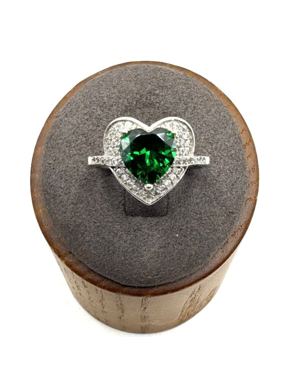 Sterling Silver 925 Green & White CZ Heart Statement Ring Size 7" Length